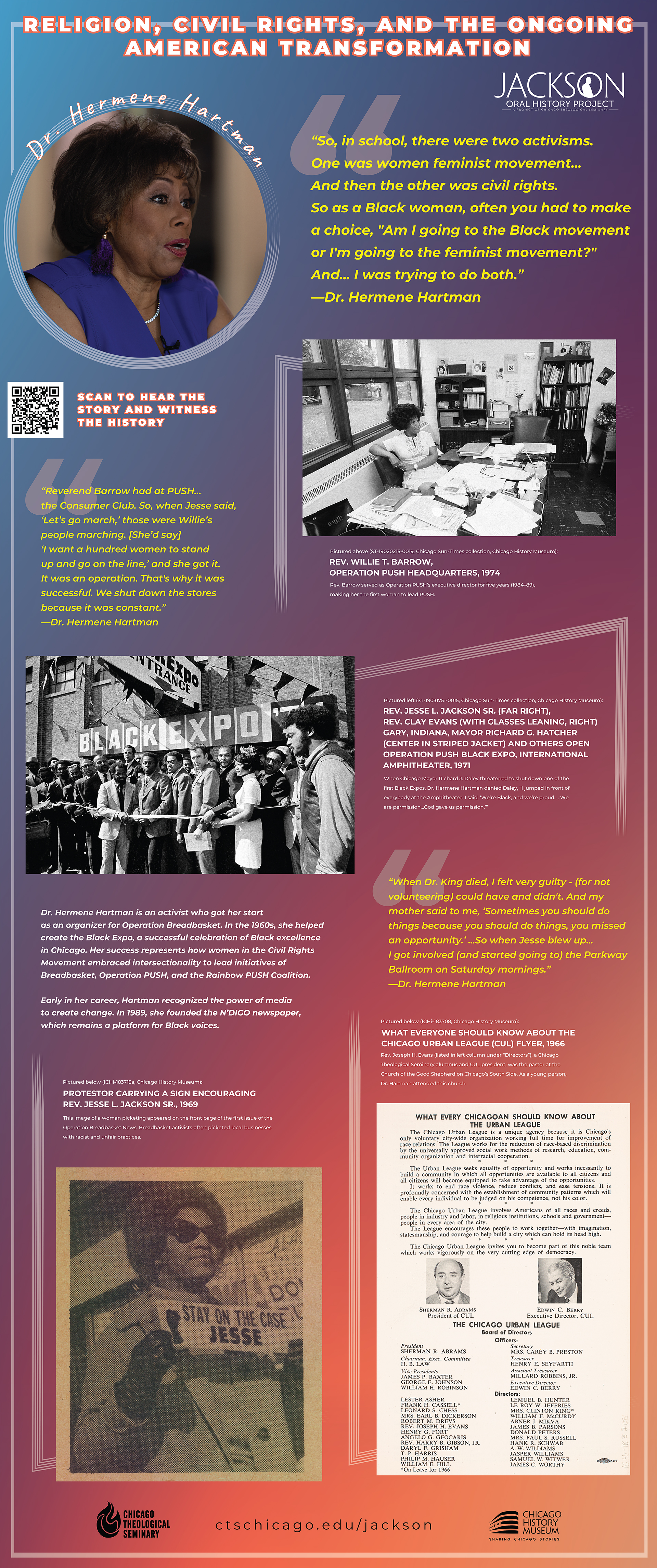 Rev. Jesse L. Jackson Oral History Project  exhibition featuring ten 33 by 80 inch pop-up banner panels displaying historical photographs, quotes, and QR codes linking to oral history video and audio recordings.